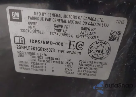 2016 Chevrolet Equinox Lt из США, поврежденный, VIN 2GNFLFEK7G6185073